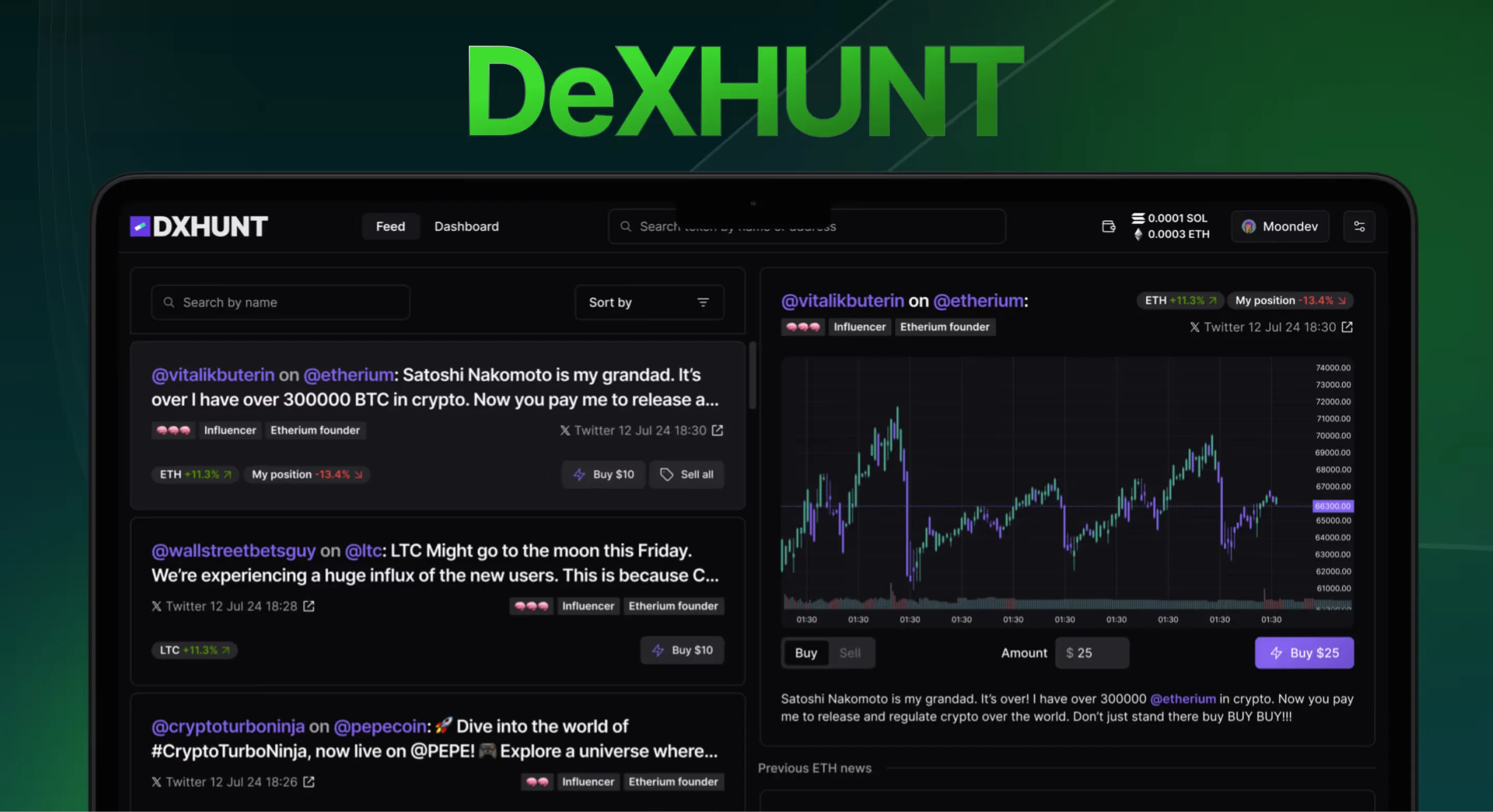 Overview of the DXhunt news-driven crypto trading interface.