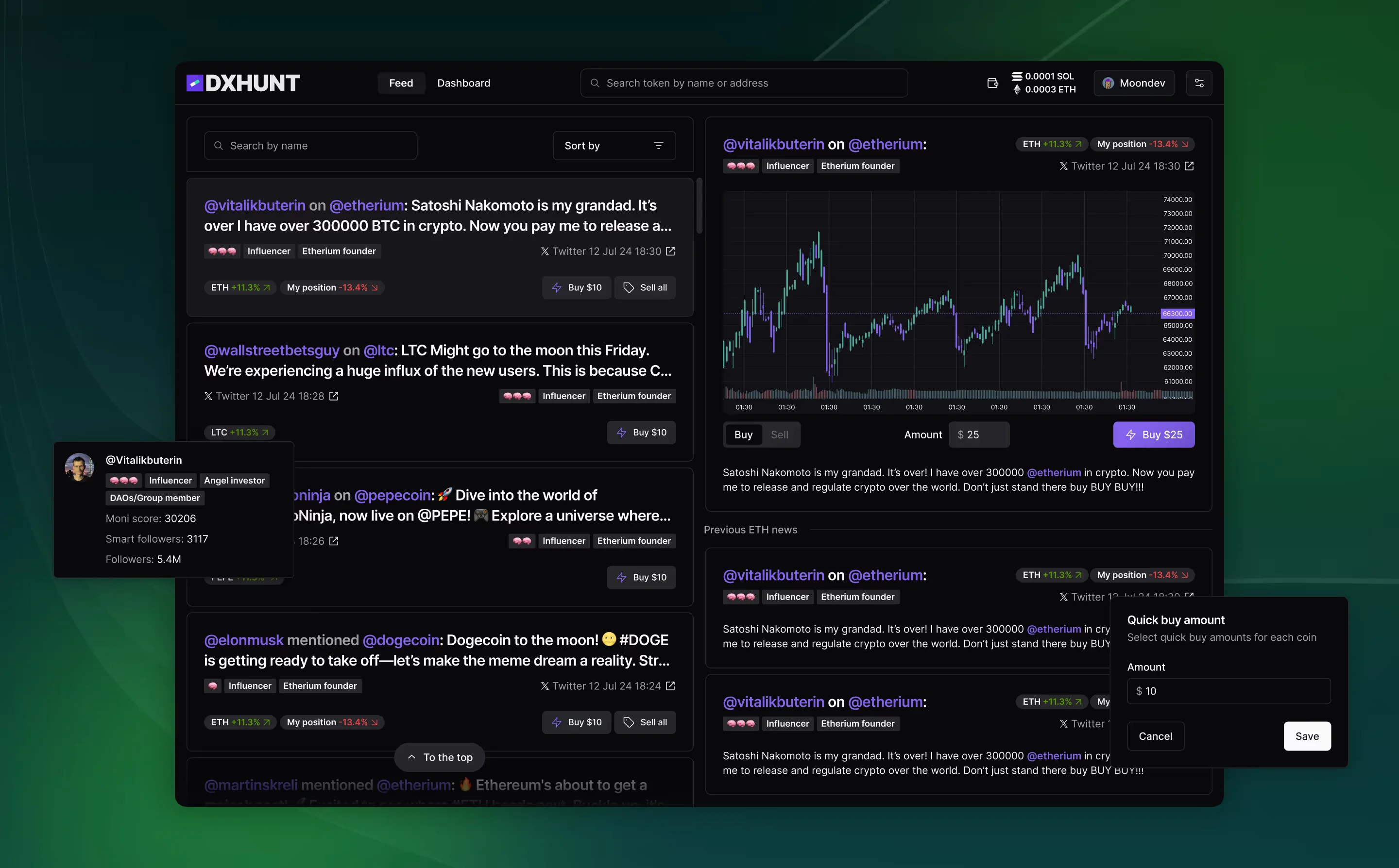 DXhunt news feed with story details and quick buy and sell controls.