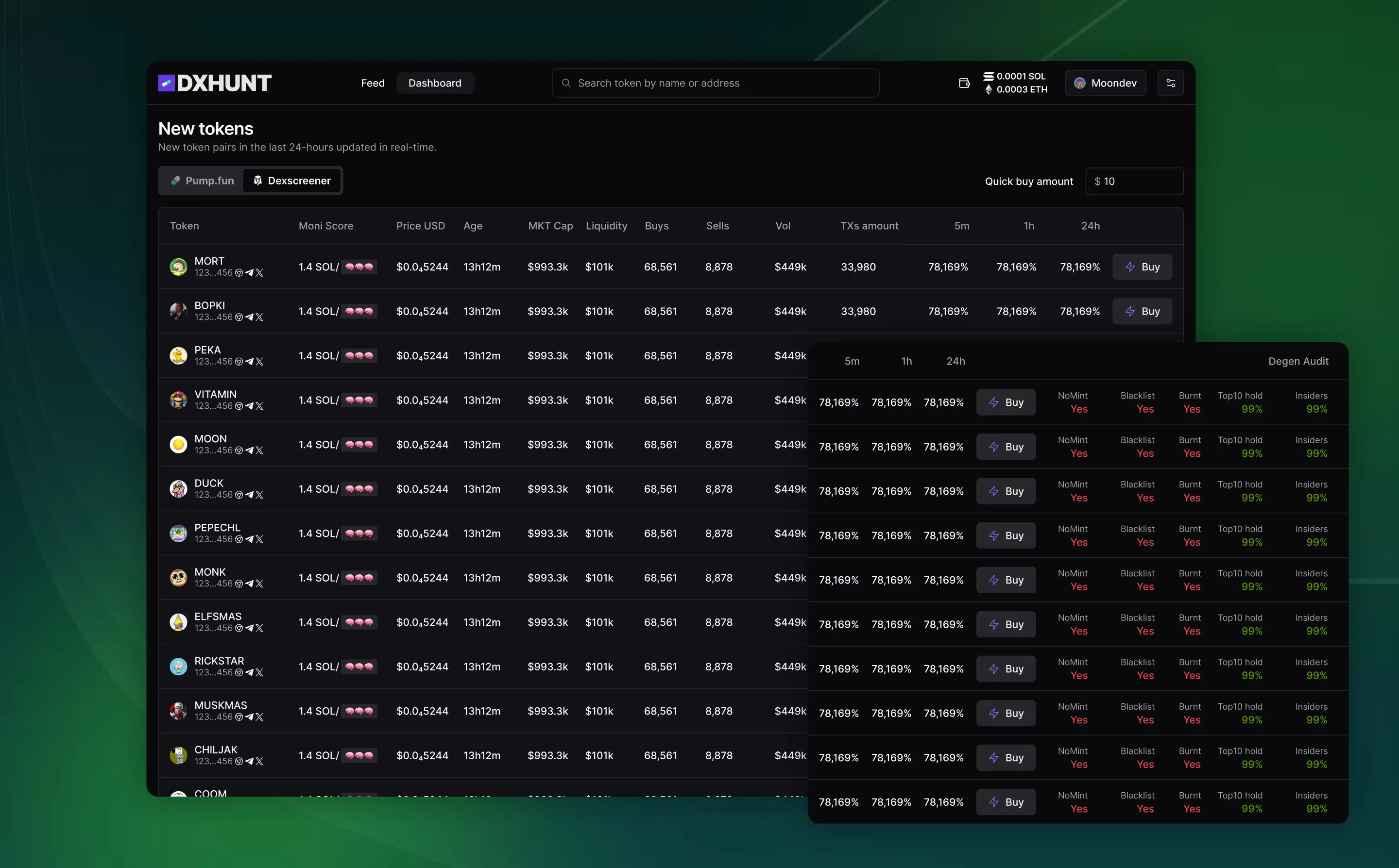 DXhunt market dashboard with token data, filters and risk indicators.