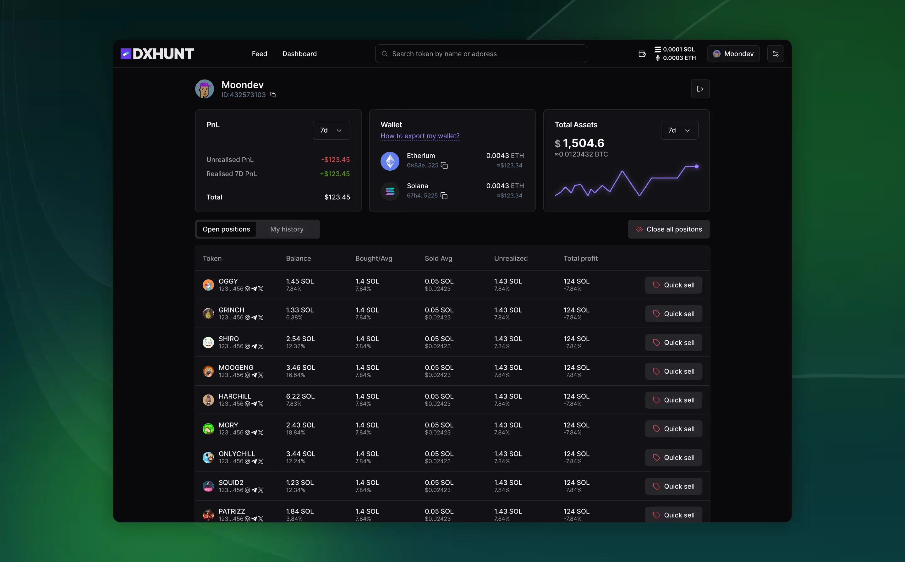 DXhunt wallet with balances, transaction history and open positions.