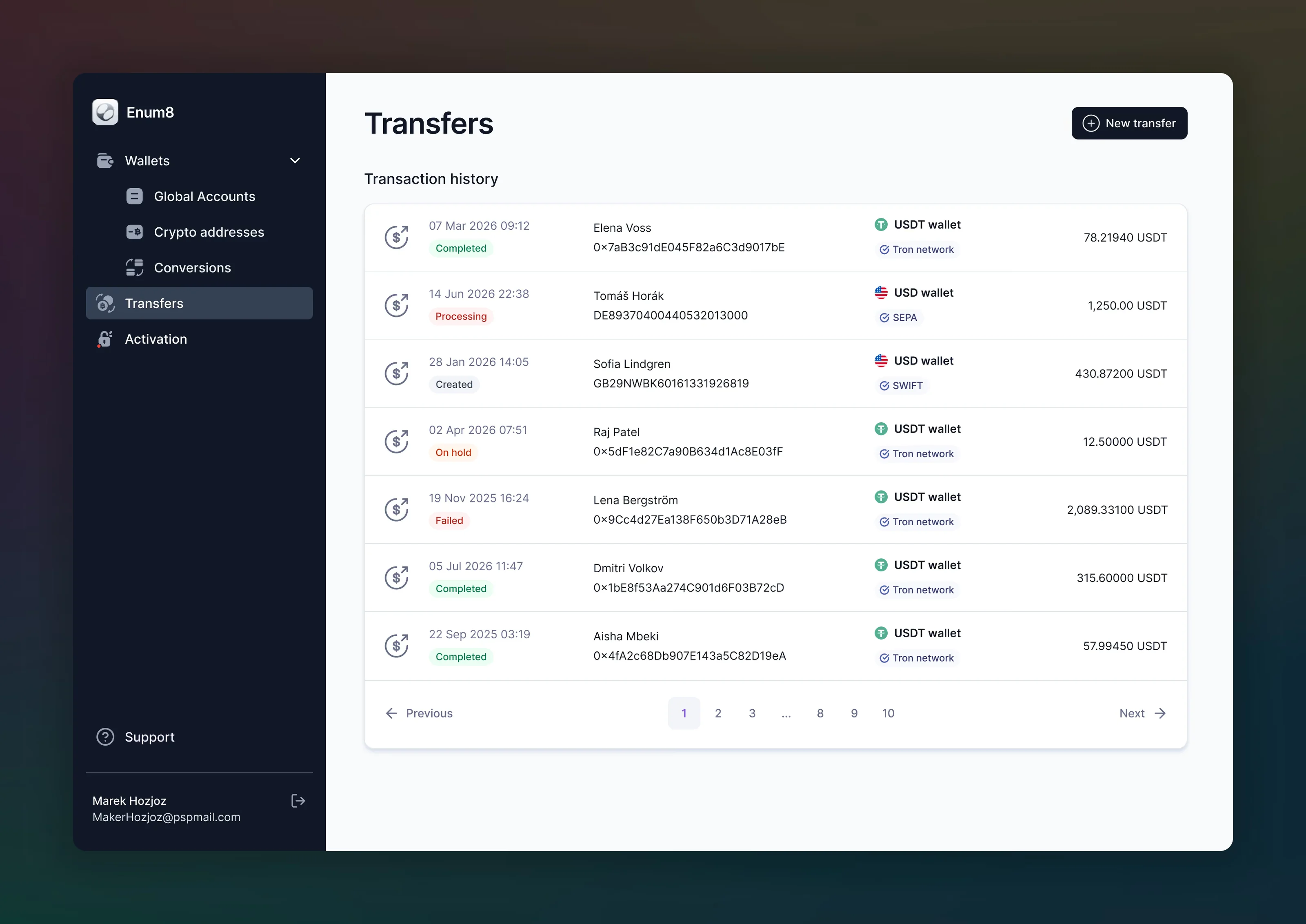 Enum8 transaction history with shared statuses for bank and crypto transfers.