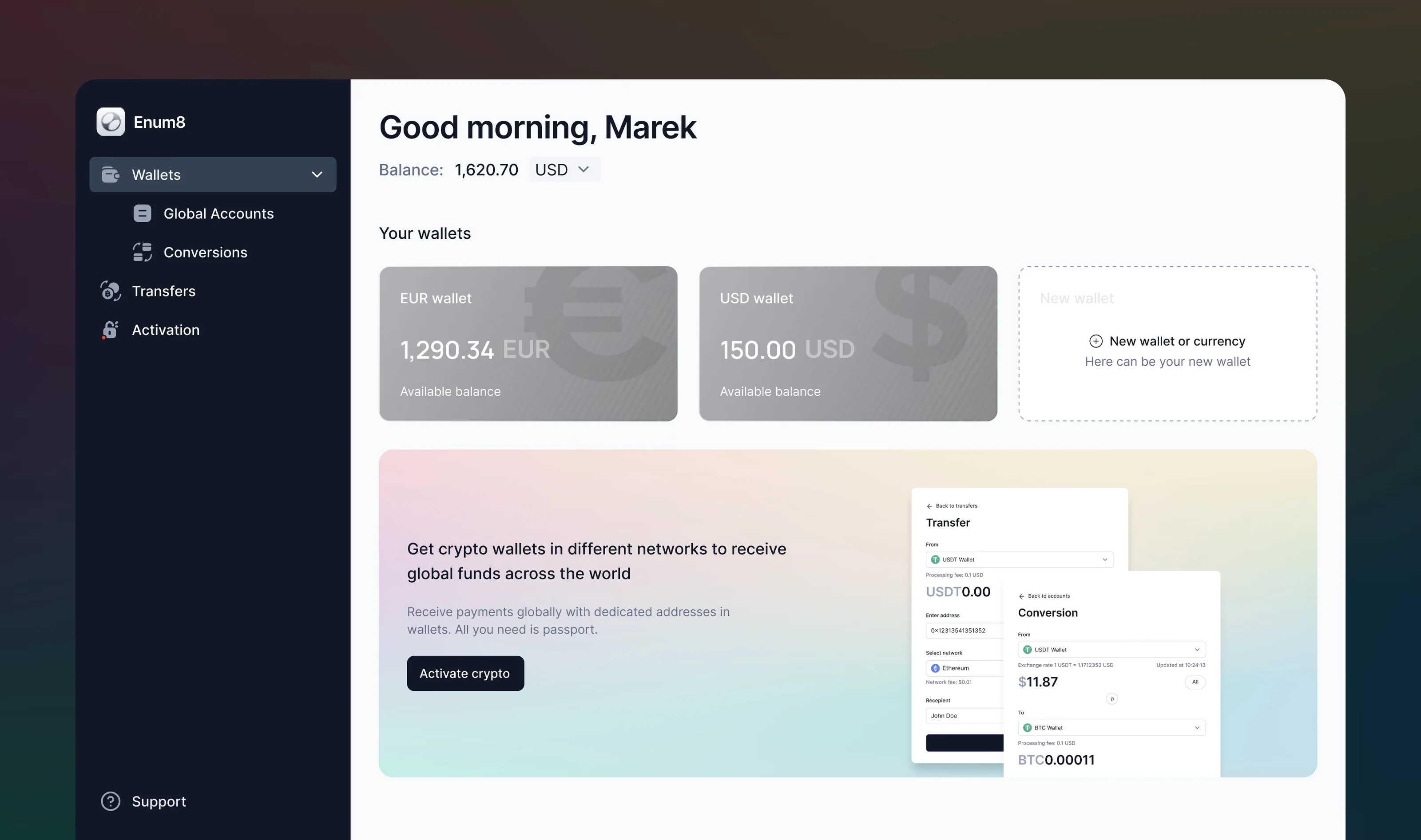 Enum8 wallet overview for fiat and crypto accounts.