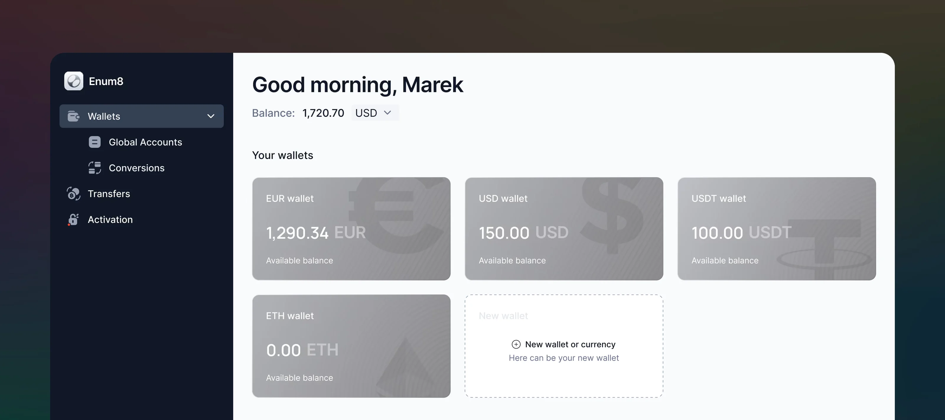 Enum8 account cards showing currencies and balances.