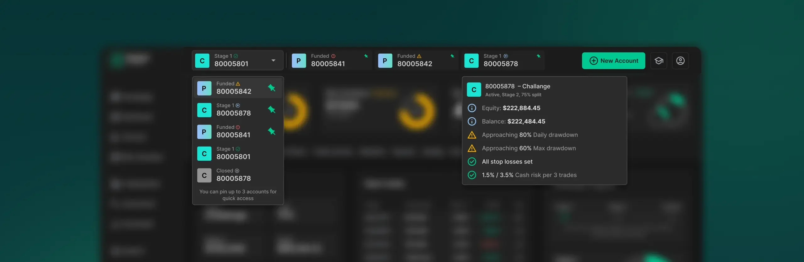 Finotive account switcher with pinned accounts and status tooltips.