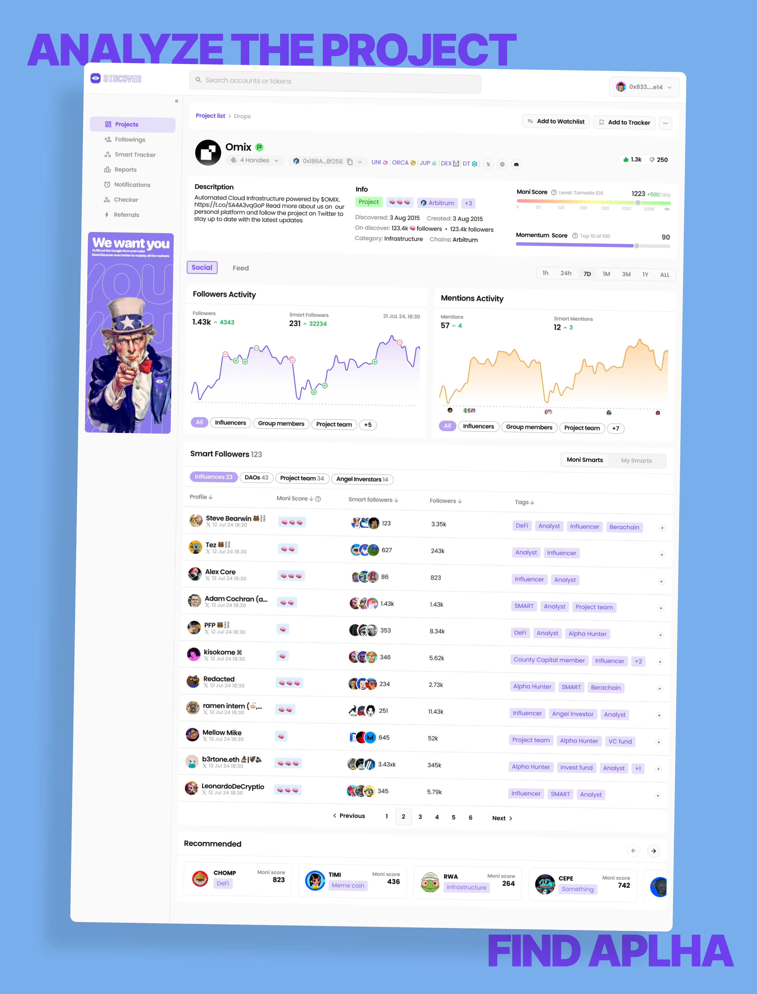 Getmoni project research screens with social activity, account history and ratings.