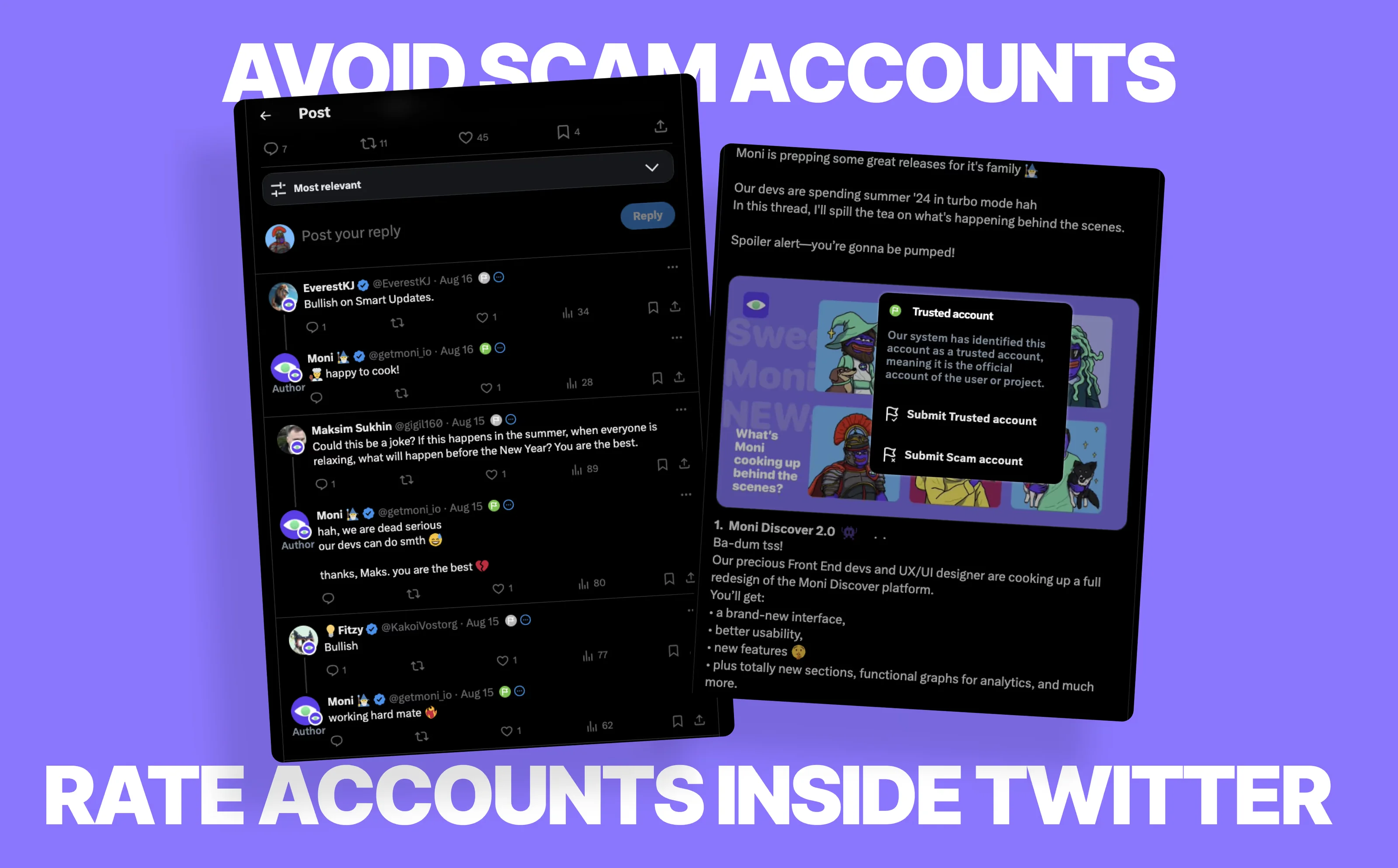 Twitter integration showing Discover account indicators and reporting controls.