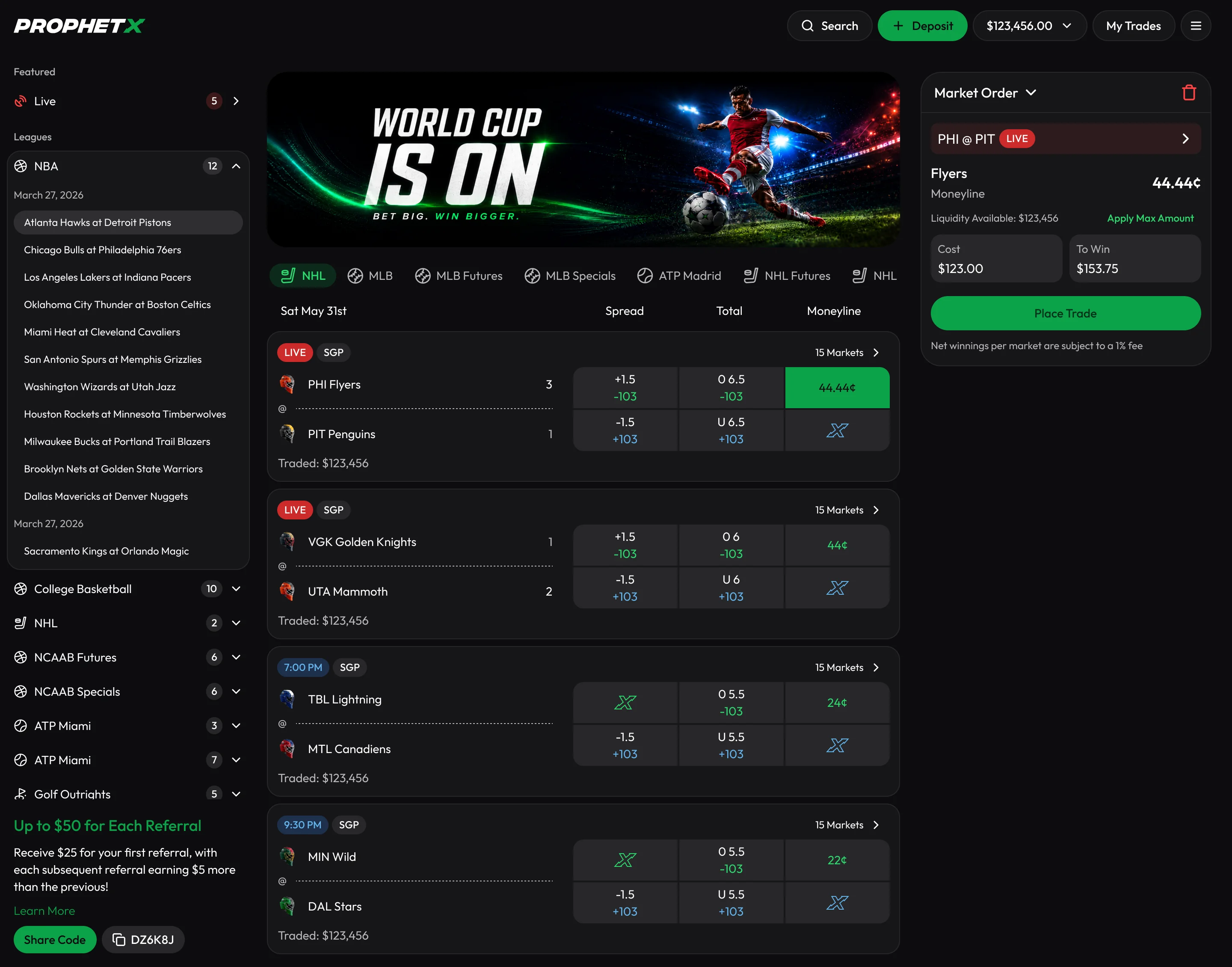 ProphetX sports markets, navigation and live event prices